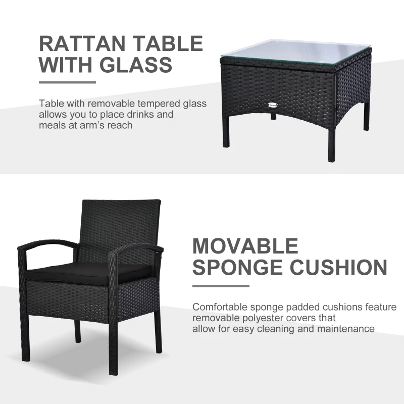 Outsunny 3 Pieces Wicker Patio Furniture Set, Rattan Bistro Set with Coffee Table and Cushions, Outdoor Conversation Set for Garden, Porch, Balcony, Black