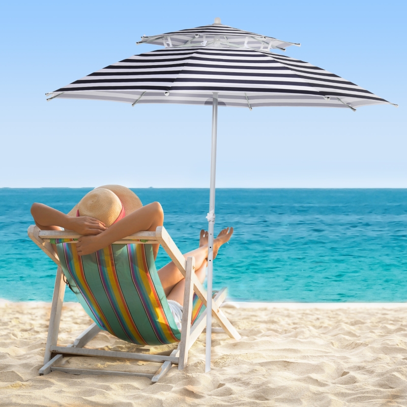 Outsunny Arc. 8ft Beach Umbrella Double-top Canopy Adjustable Height with Carry Bag for Beach Patio Garden Outdoor Blue Stripe