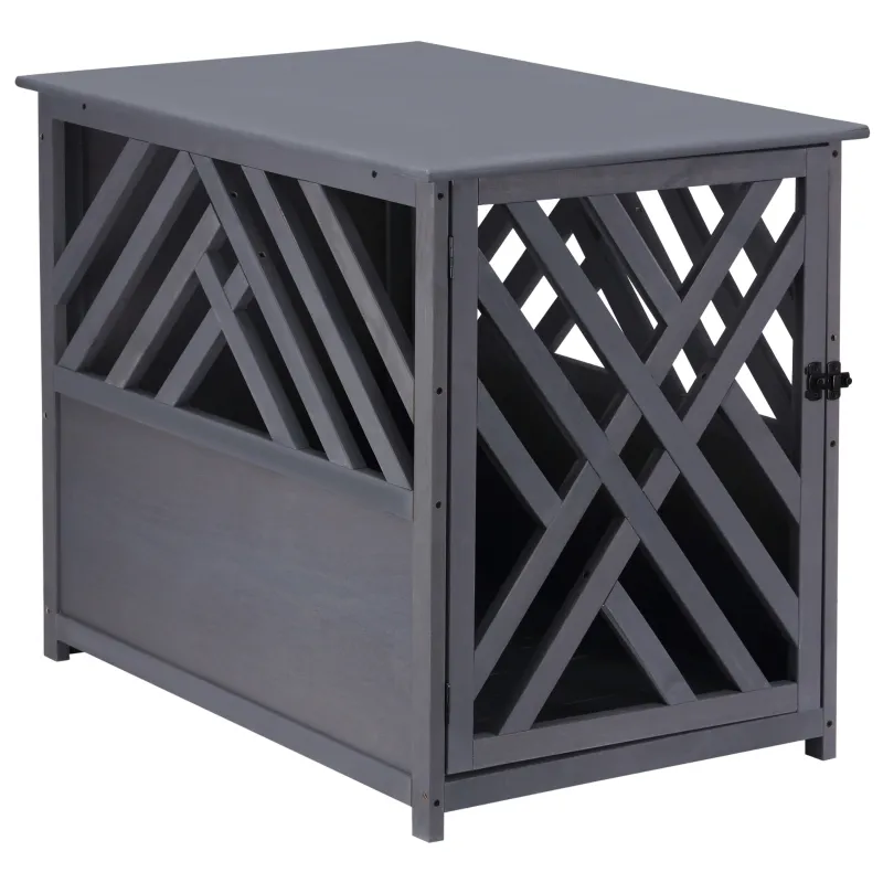 PawHut Furniture Style Wood Dog Crate End Table Decorative Dog Cage Kennel Lattice Night Stand with Lockable Door, Indoor Use, Grey