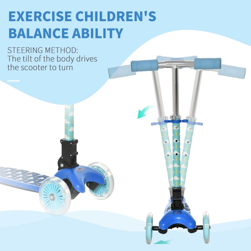 Aosom Kick Scooter for Kids, Foldable Children's Scooter with 3 Wheels, Adjustable Height, and Flashing LED for Boys and Girls, Blue
