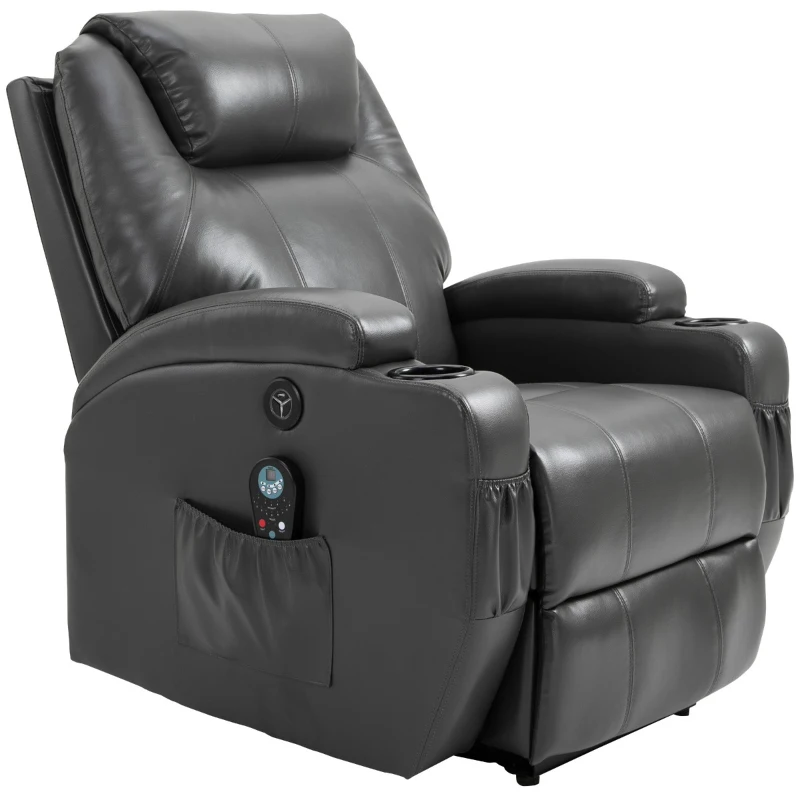 HOMCOM Electric Power Massage Recliner Chair PU leather w/ 8-Point Vibration Waist Heating, USB Port, Dark Grey