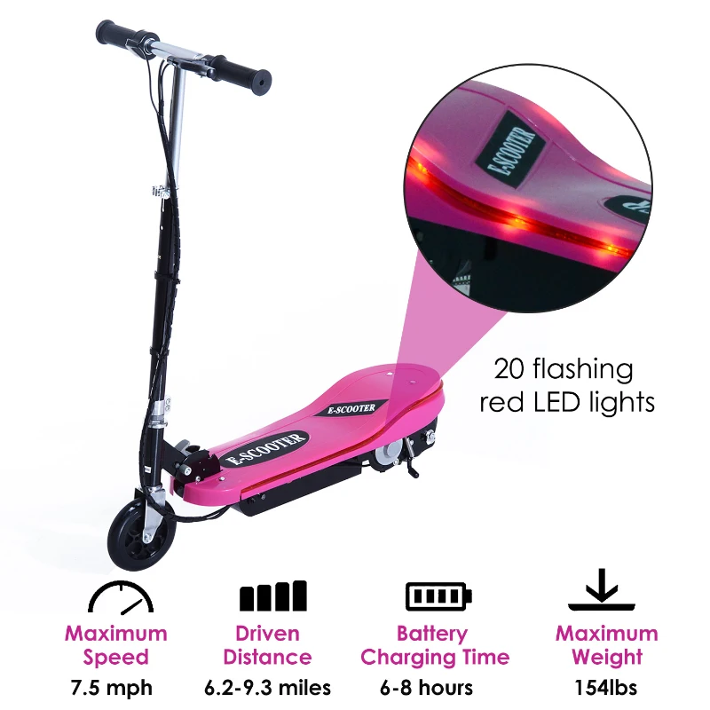 Qaba Adjustable Folding E-Scooter with LED Light Battery Powered Motorized Bike Electric Scooter 24V 4.5AH for Teens Pink