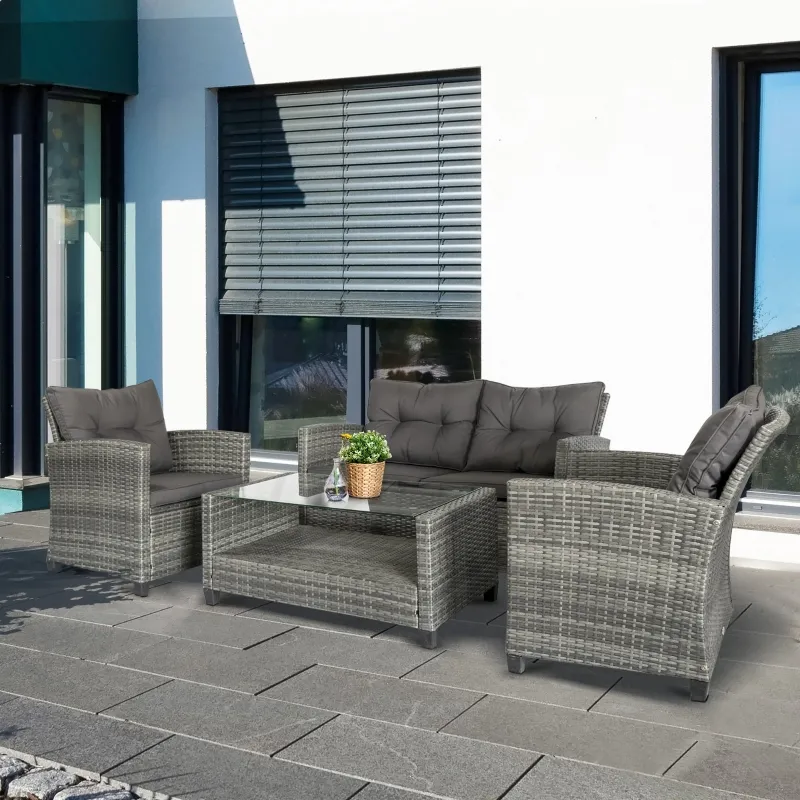 Outsunny 4 Pieces Patio Furniture Sets with Cushions, PE Rattan Wicker Conversation Chairs with Two-Tier Coffee Table for Backyard Porch Garden Poolside and Deck, Charcoal Gray