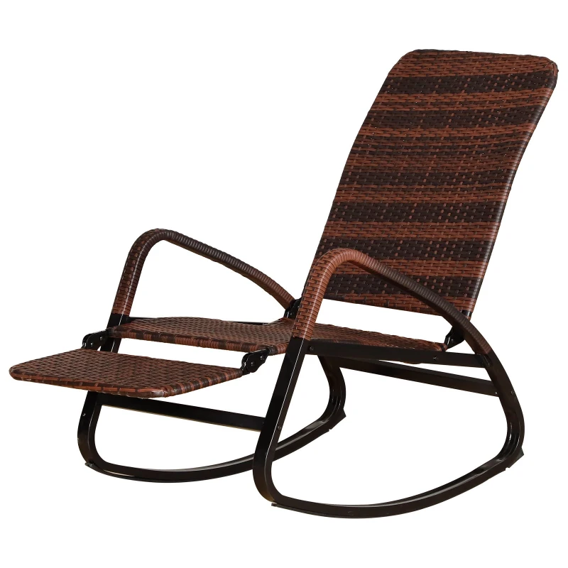 Outsunny Patio Adjustable Rattan Rocking Lounge Chair Garden Rocker Outdoor Foldable Recliner Seat w/ Retractable Footrest Brown