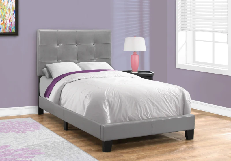 Monarch Twin Size Contemporary Upholstered Bed Frame with Tufted Headboard and Wood Legs - Grey Leather Look