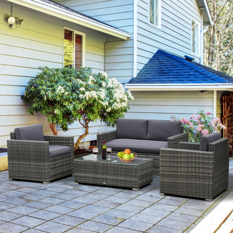 Outsunny 4 Piece Cushioned Outdoor Rattan Wicker Sofa Patio Furniture Set Table