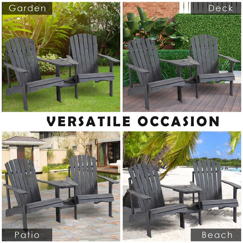 Outsunny Outdoor Wood Adirondack Chair Reclined Bench w/ Coner Table & Umbrella Hole