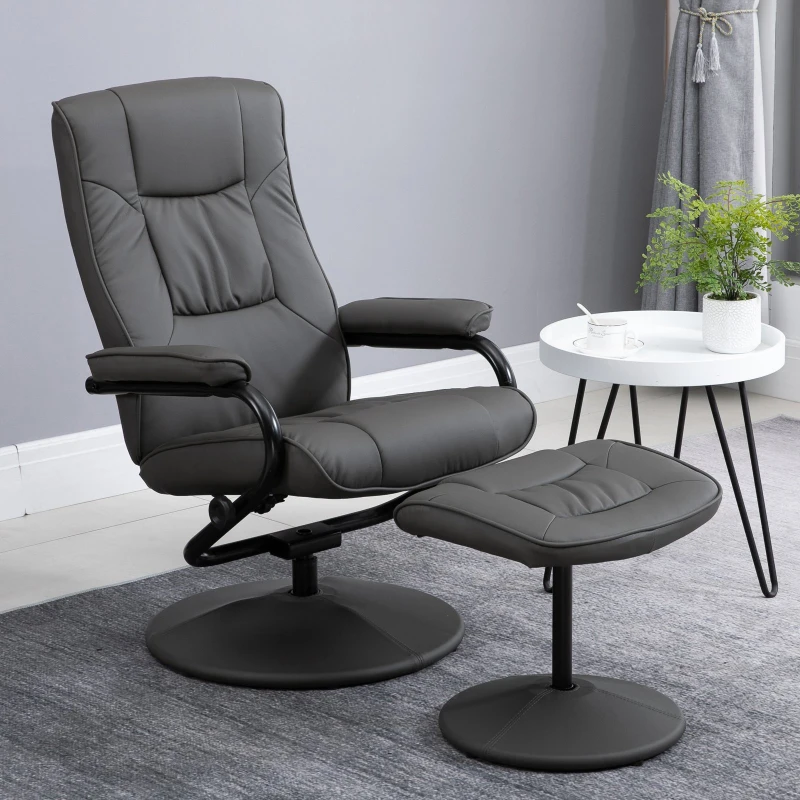 HOMCOM Adjustable Leisure Recliner Chair and Ottoman Set with Swiveling Base, Faux Leather, Grey