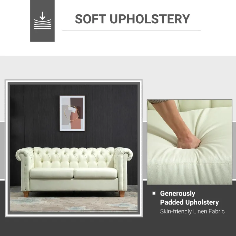 HOMCOM 2-Seater Oversize Loveseat Linen Fabric Sofa Couch 72.8 Inches with Rubberwood Legs & Rolled Arms for Living Room, White