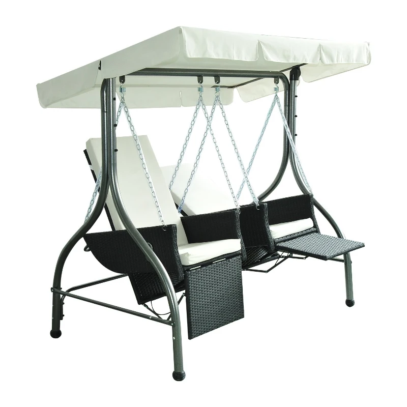 Outsunny Luxury Heavy-Duty Patio Swing Chair 2 Separated Seats Rattan Wicker Recliner Seat Garden Outdoor Canopy Cushion Steel, Black & Cream-white