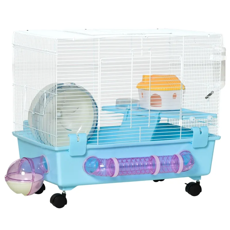 PawHut Hamster Cage, Gerbil Haven, Multi-storey Rodent House, Small Animal Habitats, Large Hide-out, w/ Water Bottle, Tubes, Exercise Wheel, Food Dish, Ramp, Shower Room, Light Blue