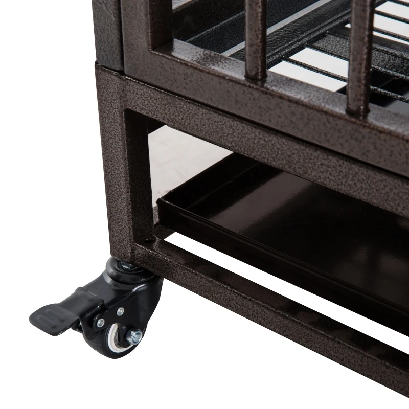 PawHut 42" Heavy Duty Dog Crate Metal Cage Kennel with Lockable Wheels, Double Door and Removable Tray, Brown