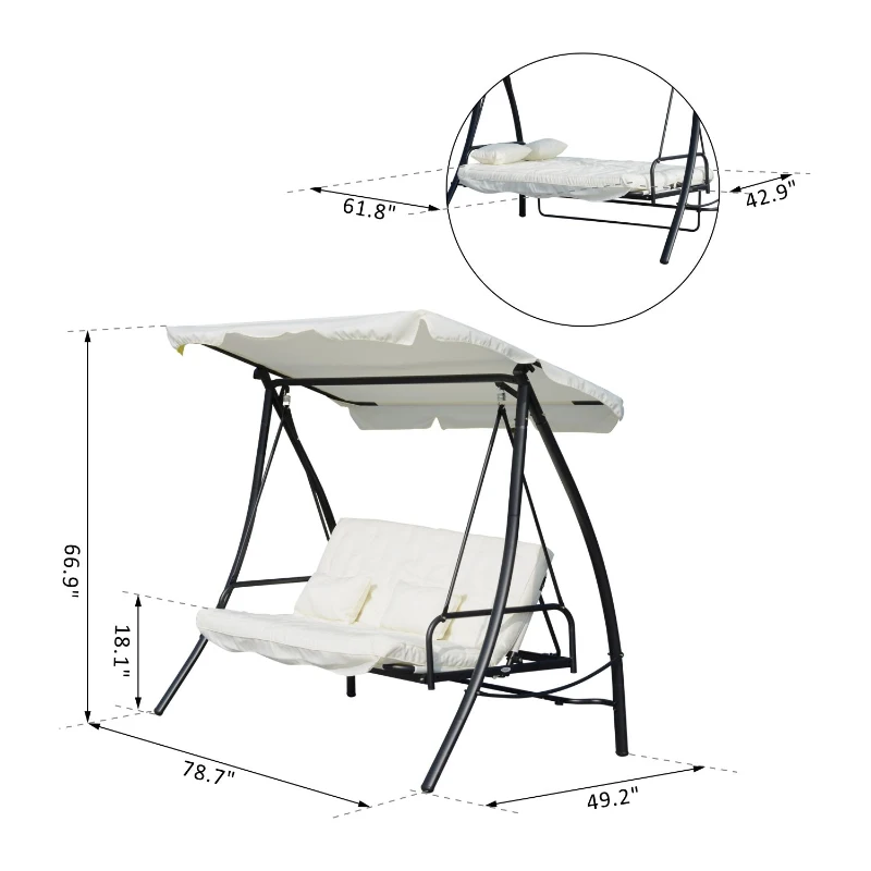 Outsunny 3 Seater Swing Chair 2-in-1 Lounge Hammock Cushioned Seat Portable Outdoor Porch with Canopy Cream White
