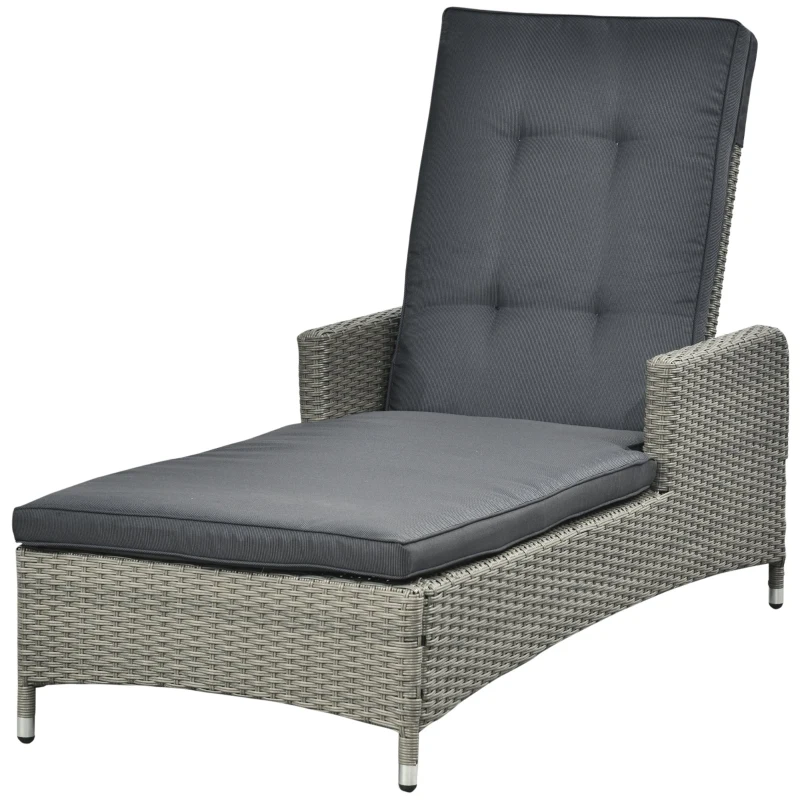 Outsunny Patio PE Rattan Wicker Chaise Lounge Chair Outdoor 5-Position Adjustable Recliner Lounge Furniture w/ Cushion for Garden Poolside Balcony Deep Grey