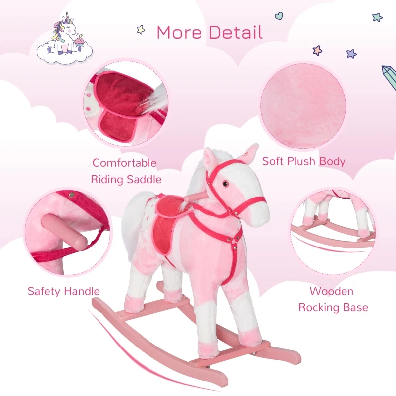 Qaba Kids Plush Toy Rocking Horse Pony Toddler Ride on Animal Rocker with Realistic Sounds, Birthday Gifts for Girls, Pink