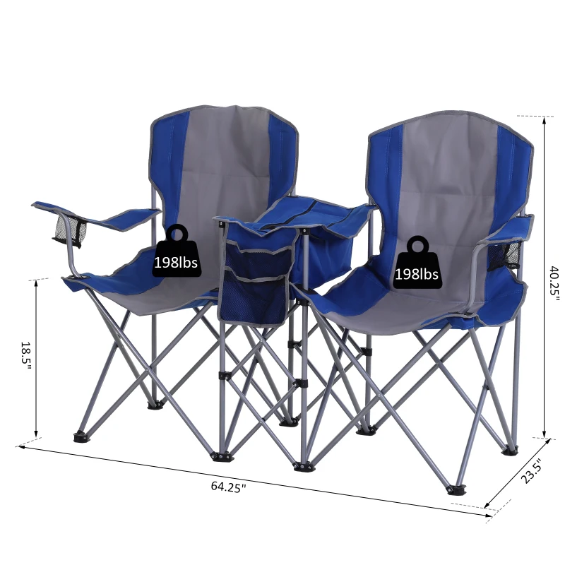 Outsunny 2 Person Folding Camping Chair Oxford Metal Fishing w/ Ice Bag  Cup Holder Blue
