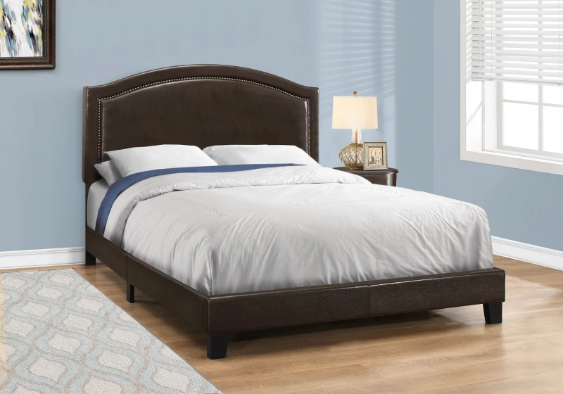 Monarch Queen Size Contemporary Upholstered Bed Frame with Brass Nail Head Trim and Wood Legs - Brown Leather Look