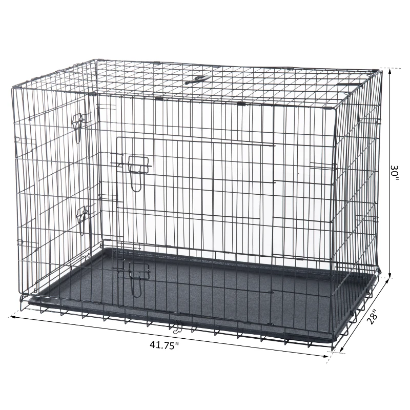 PawHut 42"x28"x30" Double Door Folding Metal Dog Crate Pet Cage Exercise Kennel Puppy House Playpen w/Plastic Tray
