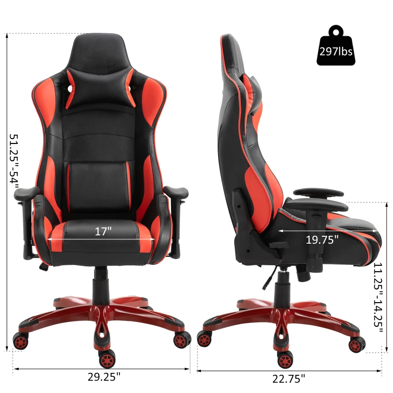 Vinsetto Ergonomic Gaming  Office Chair PU Leather Adjustable Padded Seat - Black Red