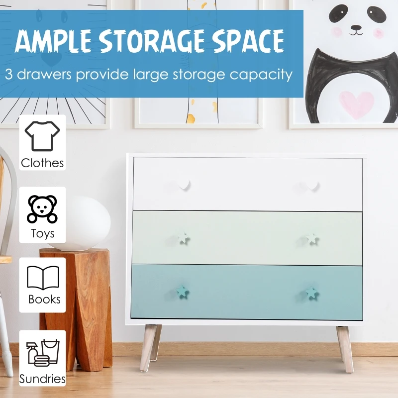 HOMCOM Kids Cabinet Bedroom Storage Unit 3 Drawer Toy Stand Sea Blue