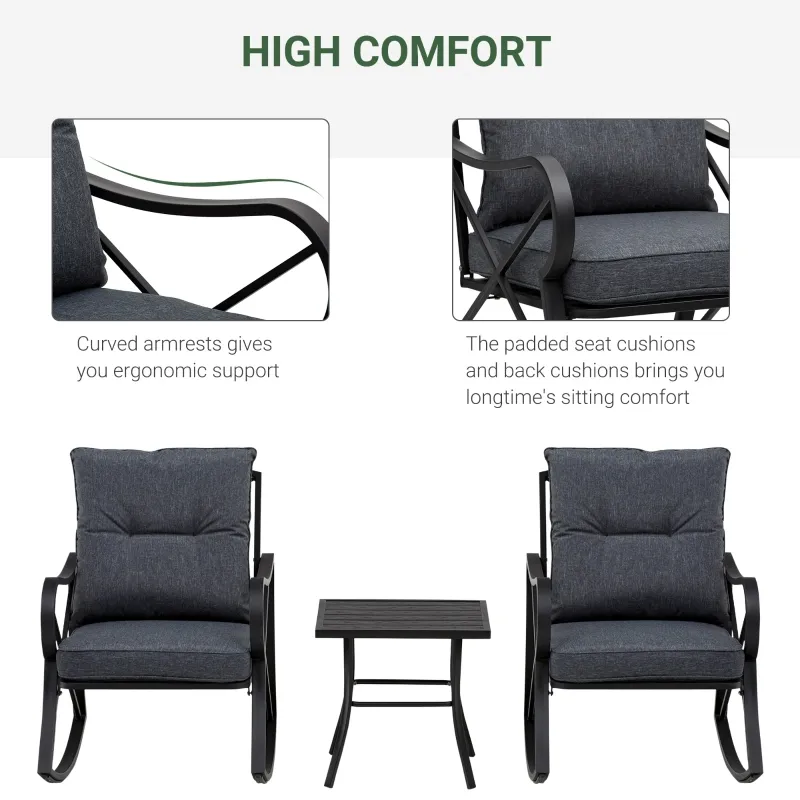 Outsunny 3-Piece Patio Bistro Set Outdoor Rocking Coffee Table Chair Set with Curved Base, Soft Cushions, Steel Frame, Black