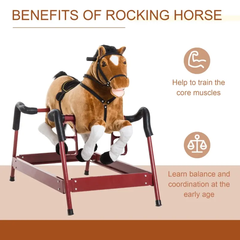 Qaba Durable Kids Plush Spring Rocking Horse, Ride On Rocking Horse with Realistic Sounds, Brown