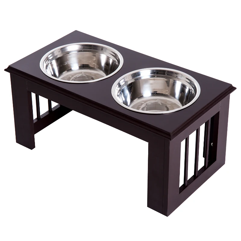 PawHut Double Bowl Wooden Stand Pet Feeder Cat Dog Puppy Twin Bowls
