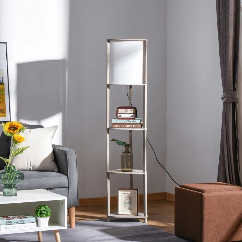 HOMCOM Floor Lamp with Display Shelves, Modern Standing Lamps with Footswitch, Solid Wood Nightstand Tower Lamp for Living Room Bedroom and Office