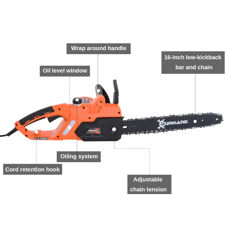 Open Box DURHAND 16” 13-Amp 120V Corded Electric Chainsaw Adjustable - Orange