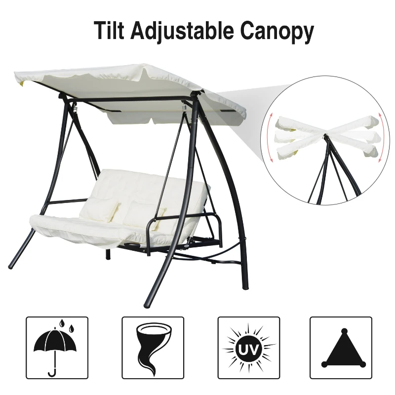 Outsunny 3 Seater Swing Chair 2-in-1 Lounge Hammock Cushioned Seat Portable Outdoor Porch with Canopy Cream White