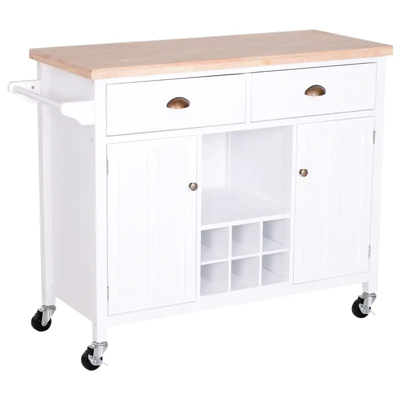 HOMCOM Kitchen Island Utility Cart on Wheels with Large Counter, 2 Spacious Drawers & Storage Cabinets, & Wine Storage