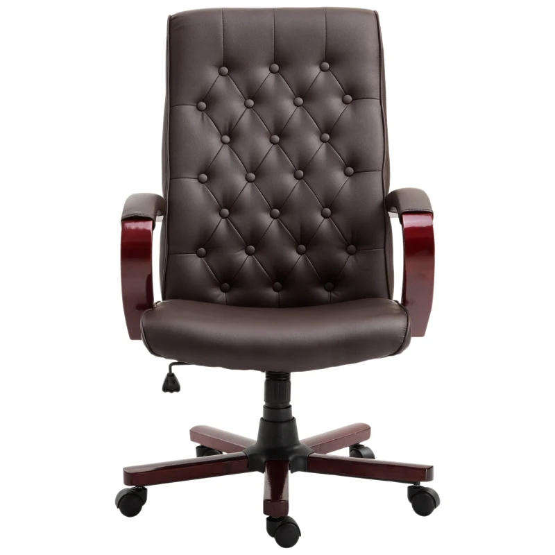 Vinsetto High Back Faux Leather Office Chair with Button Tufted Design, Executive Computer Desk Chair with Solid Wood Feet and Arms, Brown