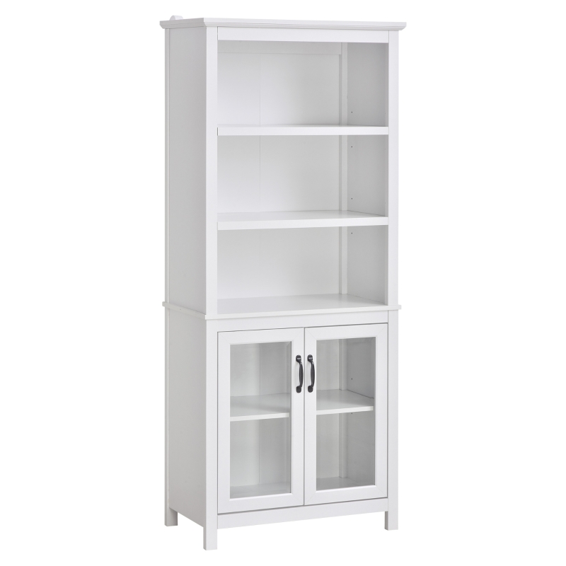 HOMCOM 71" Bookcase Storage Hutch Cabinet with Adjustable Shelves and Glass Doors for Home Office, Kitchen, Living Room, White