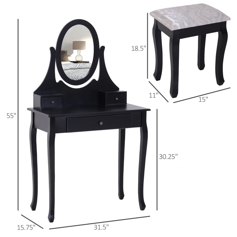 HOMCOM Wooden Makeup Vanity Dressing Table Set with 360° Rotating Oval Mirror, 3 Drawers and Padded Stool for Bedroom