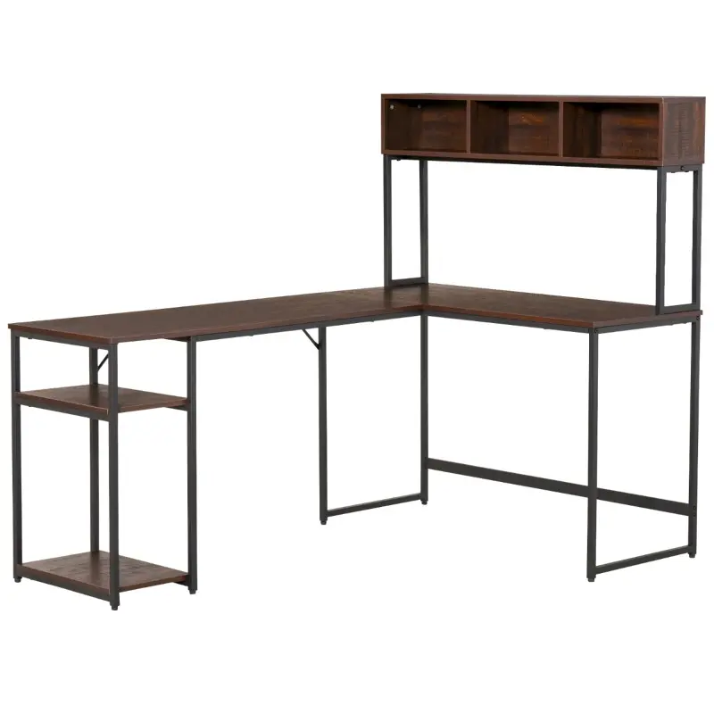 HOMCOM L-Shaped Home Office Desk with Bottom Tower Shelf, 3 Cube Shelves, Computer Writing Desk with Metal Frame, Walnut Brown