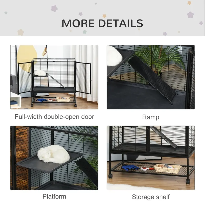 PawHut 42" Small Animal Cage with Wheels Removable Tray, 2-Tier Pet Playpen for Ferrets Chinchillas Guinea Pigs Kittens with Platform, Ramp