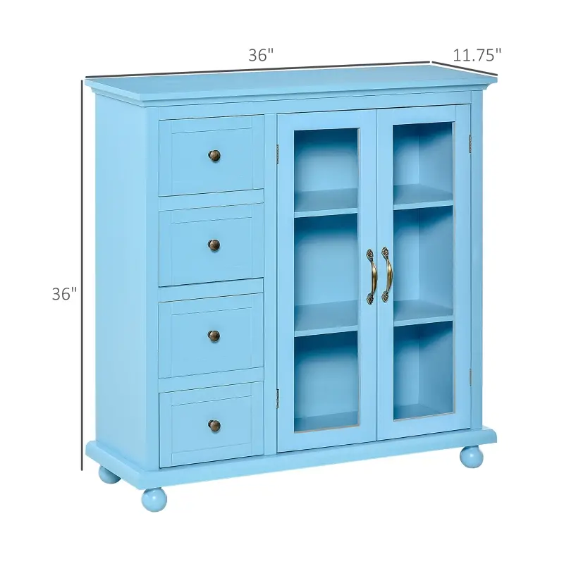 HOMCOM Storage Sideboard Cabinet with 4 Drawers and Glass Door Cupboard, Console Table for Living Room, Kitchen