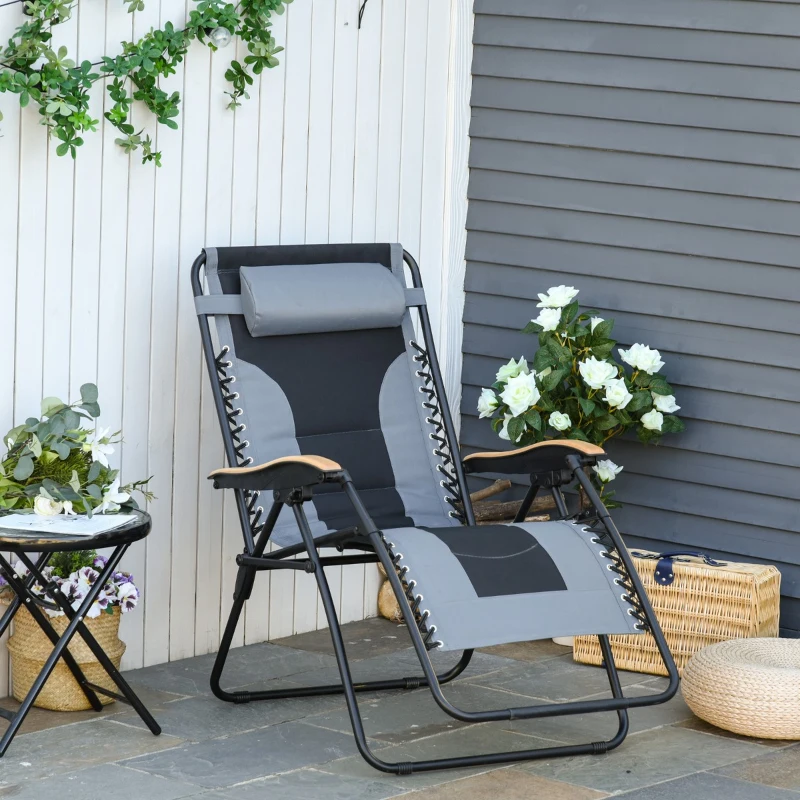 Outsunny Foldable Outdoor Lounge Chair with Footrest, Oversized Padded Zero Gravity Lounge Chair with Headrest, Cup Holders, Armrests for Camping, Lawn, Garden, Pool, Gray