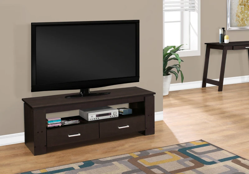 Monarch 48" Modern Wood Grain-Look Open Storage Shelf 2-Drawer Console TV Stand - Cappuccino Brown Finish
