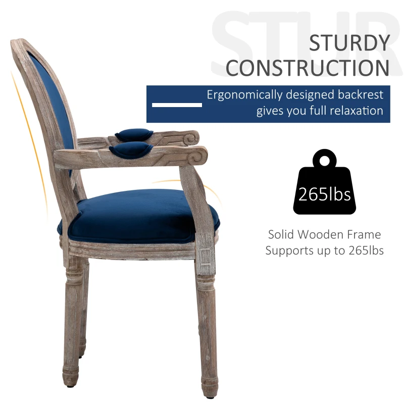 HOMCOM Vintage Dining Chair with Round Back, Thick Sponge Padded Seat and Section Armrest with Wood Frame, Blue