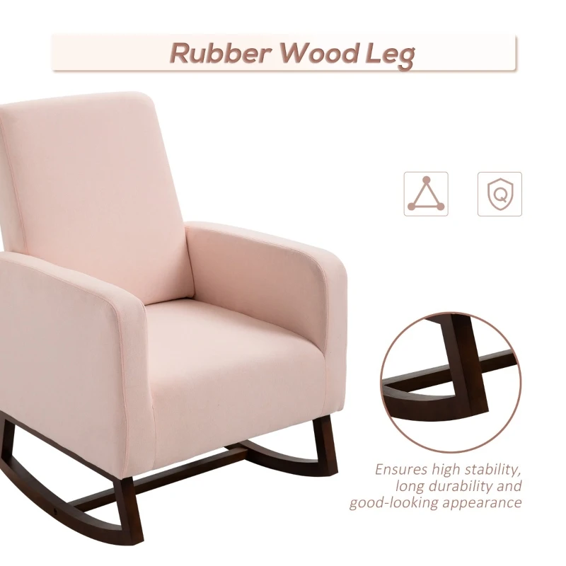 HOMCOM Accent Lounge Rocking Chair with Solid Curved Wood Base and Linen Padded Seat, Pink
