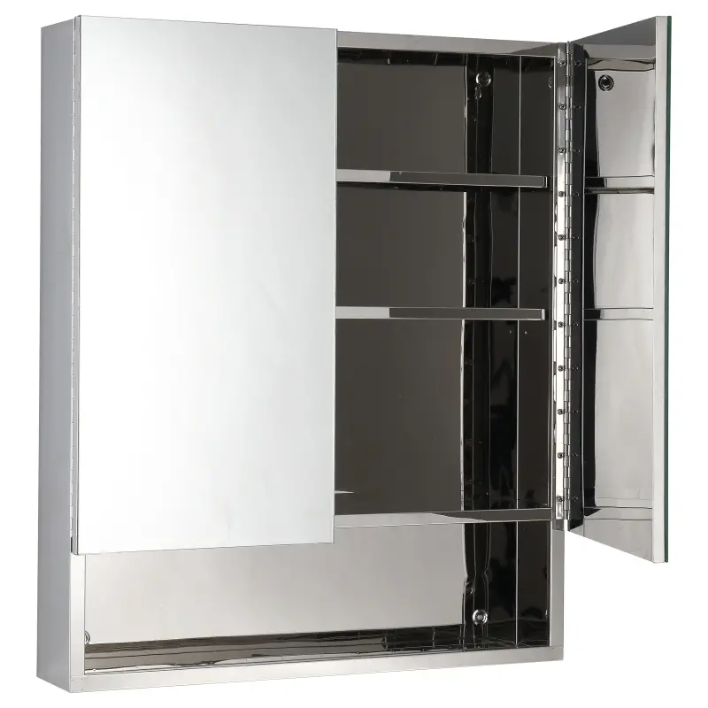 kleankin Bathroom Mirrored Cabinet, 28" x 24" Stainless Steel Frame Medicine Cabinet, Wall-Mounted Storage Organizer with Double Doors and Open Shelf, Silver