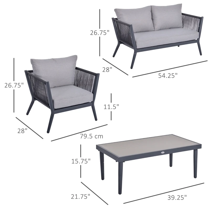 Outsunny 4 PCs PE Rattan Wicker Sofa Set Outdoor Conservatory Furniture Lawn Patio Coffee Table w/ Cushion Light Grey