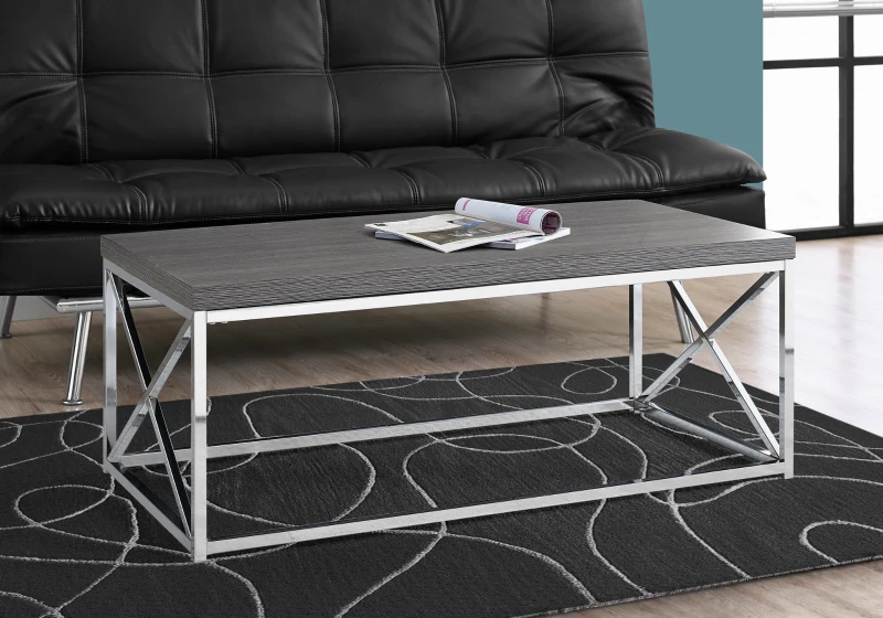Monarch 44" Contemporary Wood Grain-Look Top Polished Chrome Metal Base Accent Coffee Table - Grey Finish