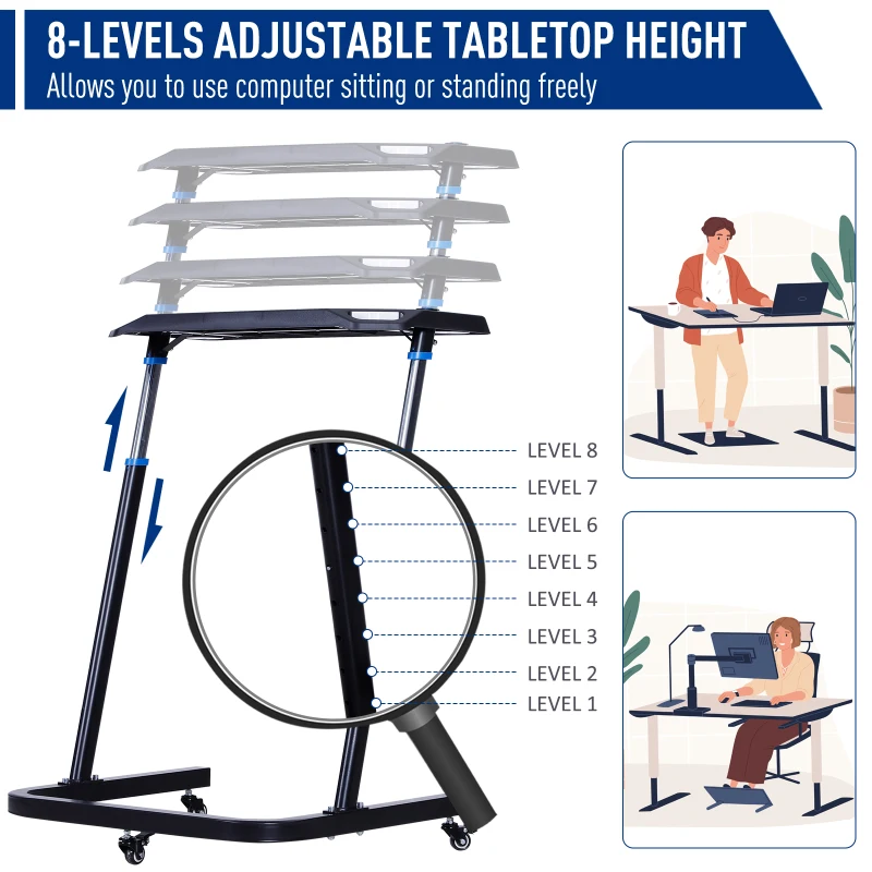 Vinsetto Height Adjustable Mobile Computer Desk with Wheels, a Simple Yet Modern Design & a Multifunctional Desktop
