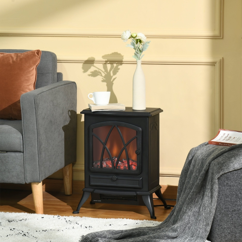 HOMCOM Free Stand Electric Fireplace Stove Heater with Adjustable LED Flame Effect and Front Door, 750W/1500W, Black