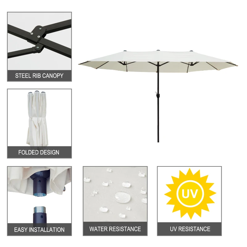 Outsunny 15ft Outdoor Twin Patio Umbrella Garden Double-Sided Market Parasol Sun Shelter with Crank Beige