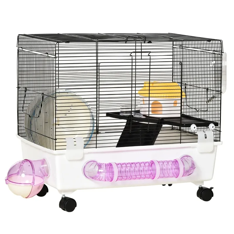 PawHut Hamster Cage, Gerbil Haven, Multi-storey Rodent House, Small Animal Habitats, Large Hide-out, w/ Water Bottle, Tubes, Excise Wheel, Food Dish, Ramp, Shower Room, White