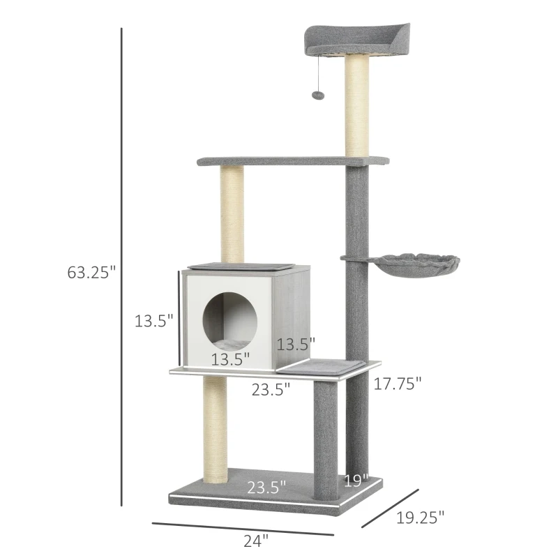 PawHut Multi-Level Cat Tree Condo with Sisal-Covered Scratching Posts, Sleeping House, and Fun Laying Basket for Kittens