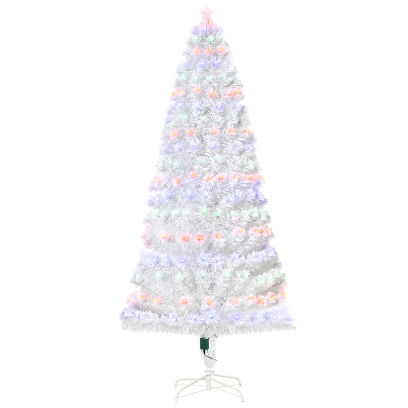 HOMCOM 7ft Tall Fir Artificial Christmas Tree with Realistic Branches, 280 Multi-Color Fiber Optic LED Lights and 280 Tips, White